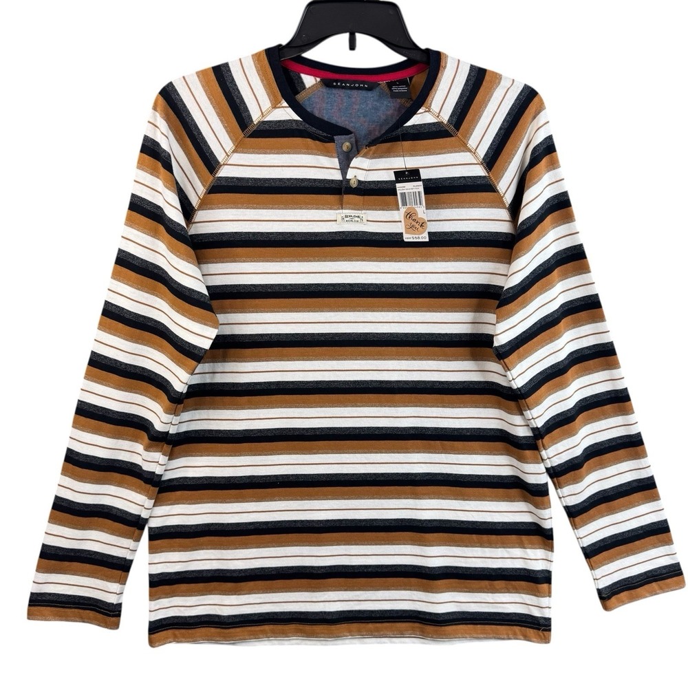 Sean John Men's Large Striped Long Sleeve Henley Shirt Brown Tan NWT